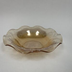 Jeannette Glass Fluted Bowl Marigold Ruffled Edge Floral 9 5/8" across